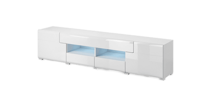 White TV stand with glass panels on a transparent background