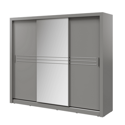 Gray sliding door wardrobe with a white panel on a green background