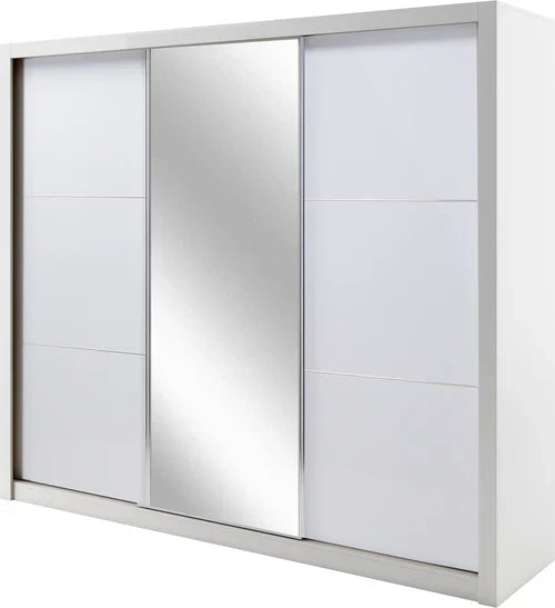 Sliding wardrobe door with mirror and white panels on a white background