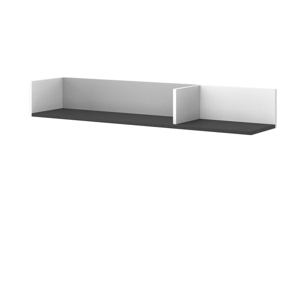 Modern wall-mounted shelf with a black bottom and white top on a white background
