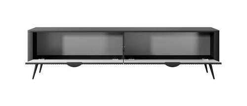 Black TV stand with glass panels on a white background