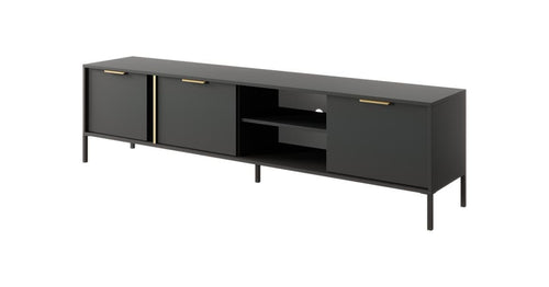 Black TV stand with gold handles on a white background