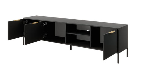 Black entertainment console with open doors on a white background