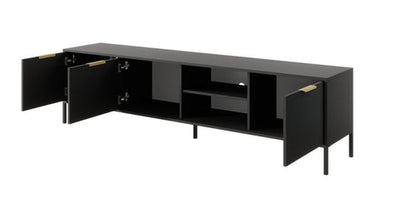 Black entertainment console with open doors on a white background
