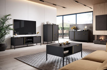 Modern living room with black furniture, TV, and decor.