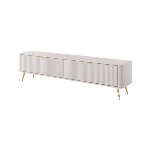 White cabinet with gold legs on a white background