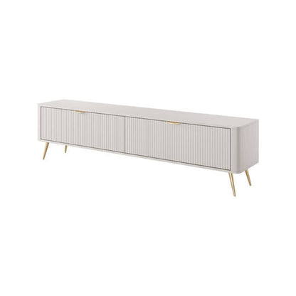 White cabinet with gold legs on a white background