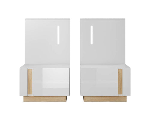Two white high-gloss cabinets with wooden accents on a white background