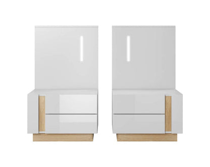 Two white high-gloss cabinets with wooden accents on a white background