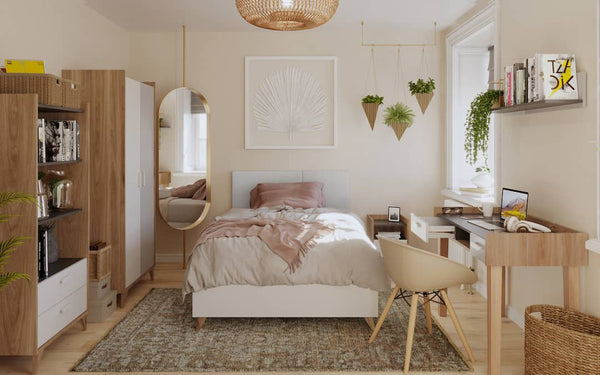 Neatly arranged bedroom with wooden furniture, bed, and decor.