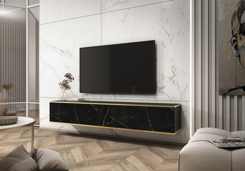Modern living room with a television mounted on a marble wall.