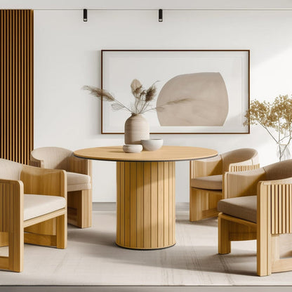 Modern living room with wooden furniture and decorative elements.