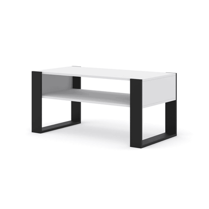 White coffee table with black legs on a white background