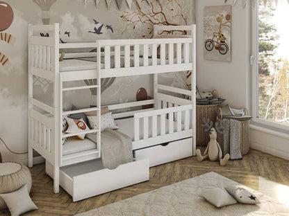 White bunk bed with pull-out drawer in a child's room with toys and decor.