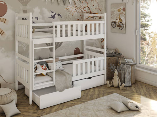 White bunk bed with pull-out drawer in a child's room with toys and decor.