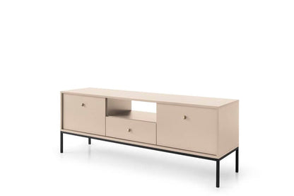 Beige TV stand with black legs on a white background