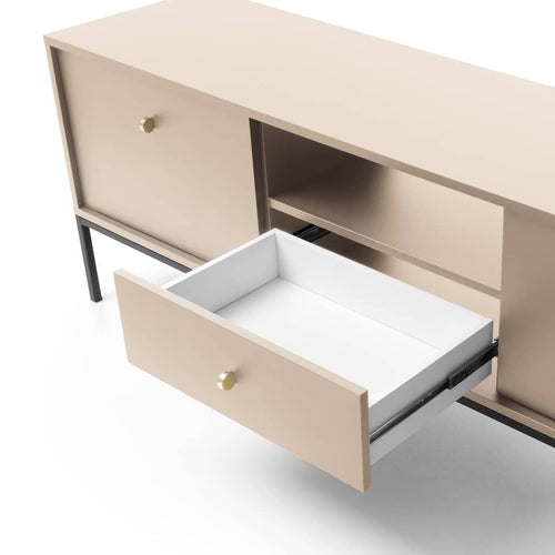 Beige cabinet with an open drawer on a white background