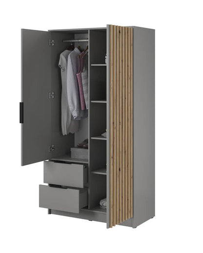 Gray wardrobe with open doors showing clothes and shelves on a white background