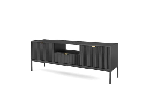 Black entertainment console with gold handles on a white background