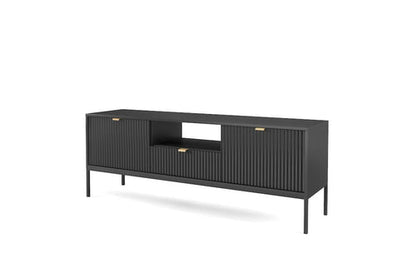 Black entertainment console with gold handles on a white background