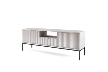 White entertainment console with black legs on a white background