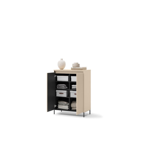 Beige storage cabinet with open door on a white background
