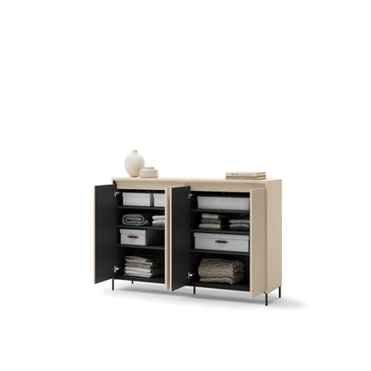 Beige storage cabinet with open doors on a white background