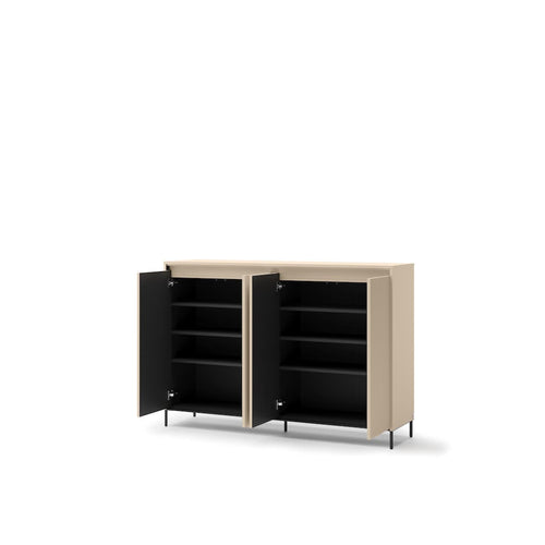 Beige storage cabinet with open doors on a white background