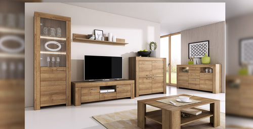 Wooden furniture set including a TV stand, shelves, and cabinets in a living room setting.