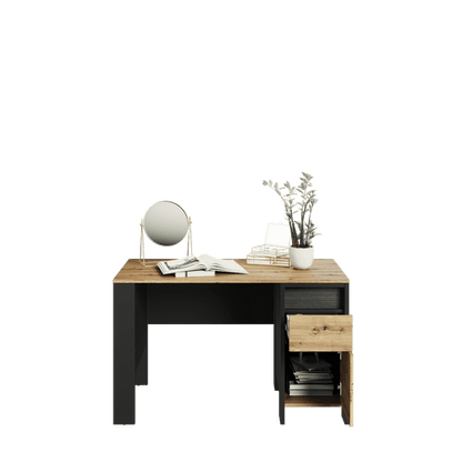 Wooden desk with black metal legs, drawers, and office items on a transparent background