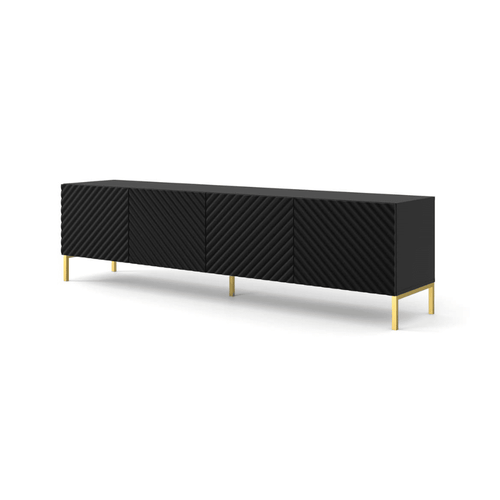 Black textured TV stand with gold legs in a room setting.