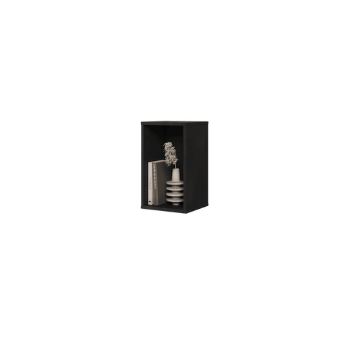 Black bookshelf with decorative items on a transparent background