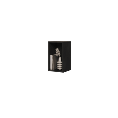 Black bookshelf with decorative items on a transparent background