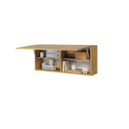 Wooden wall-mounted shelf with various items on a transparent background