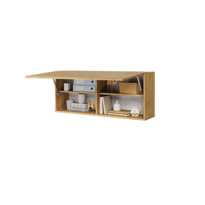 Wooden wall-mounted shelf with various items on a transparent background