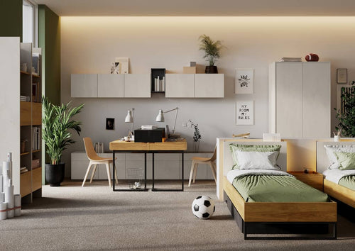 Modern bedroom with desk, bed, and decor elements