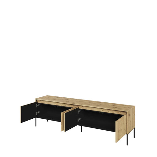 Wooden desk with black storage drawers on a white background