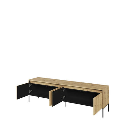 Wooden desk with black storage drawers on a white background