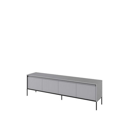Long, narrow gray metal cabinet on a white background