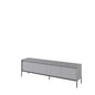 Long, narrow gray metal cabinet on a white background