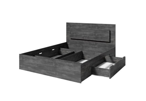Dark wood bed frame with storage drawers on a white background