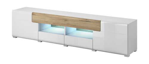 White TV stand with wooden panel and LED lights on a white background