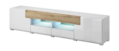 White TV stand with wooden panel and LED lights on a white background