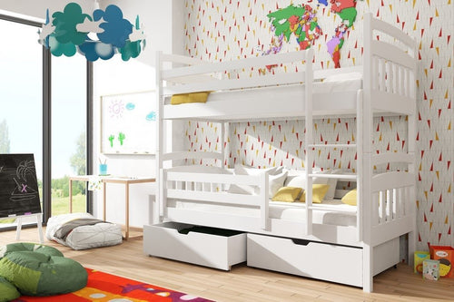 White bunk bed with drawers in a child's room with colorful decor.