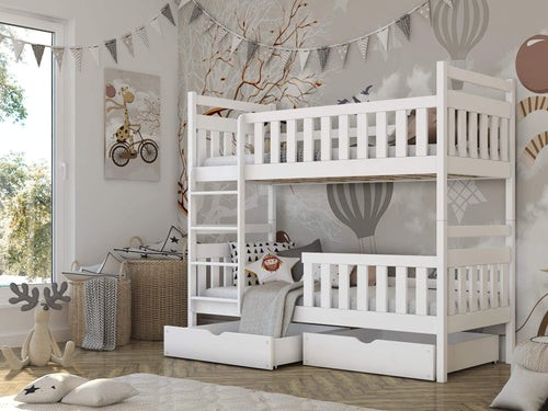 White bunk bed with trundle in a child's room with decorative elements.