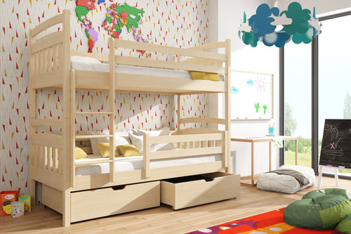 Wooden bunk bed with drawers in a child's room with colorful decor.