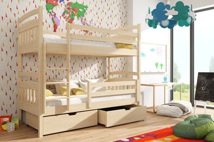 Wooden bunk bed with drawers in a child's room with colorful decor.