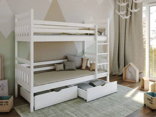 White bunk bed with storage drawers in a room with a rug and curtains.