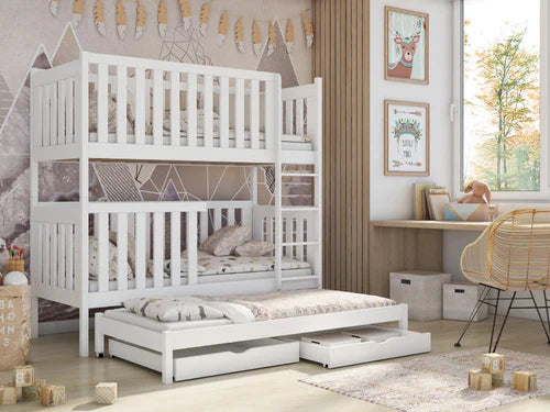 White bunk bed with pull-out trundle in a room with decor elements.