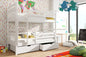 White bunk bed with drawers in a child's room with colorful decor.